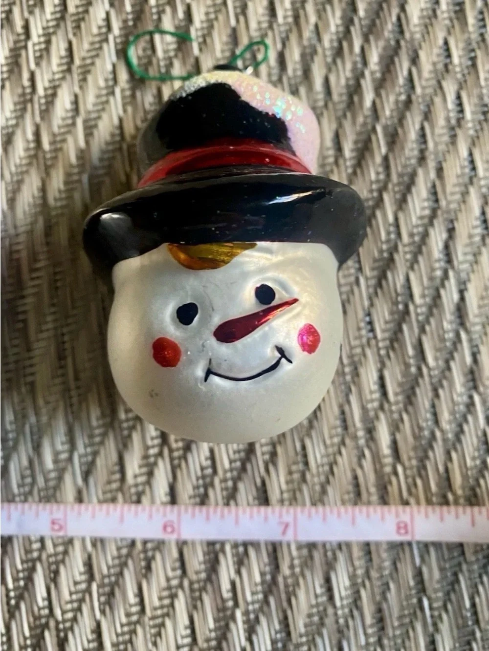 Vintage Blown Glass Snowman Head Christmas Ornaments Lot of 3 Glitter Top Hat